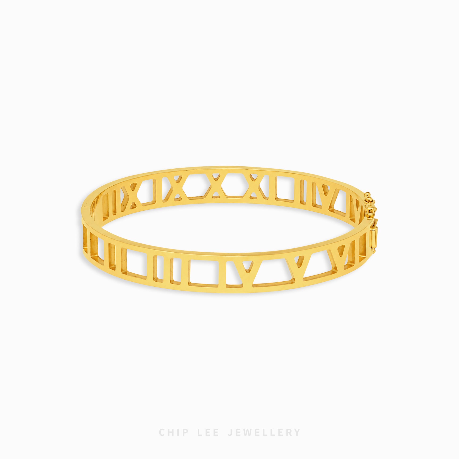 Elegant 22K gold geometric cutwork bangle with modern openwork design and polished finish