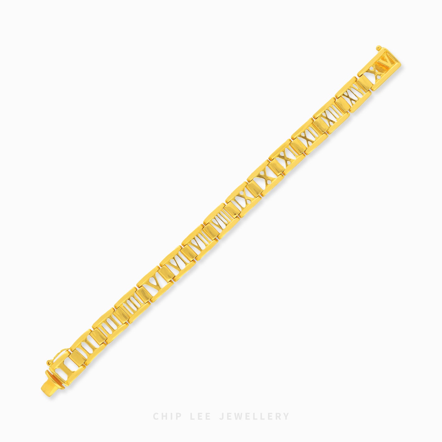 Gold Roman numerals bracelet featuring polished link detailing and an elegant luxury statement design.