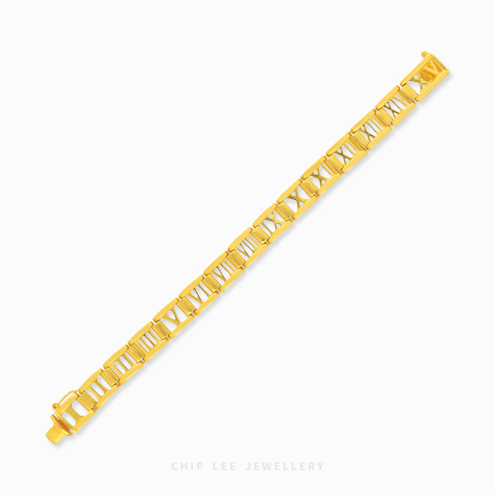 Gold Roman numerals bracelet featuring polished link detailing and an elegant luxury statement design.
