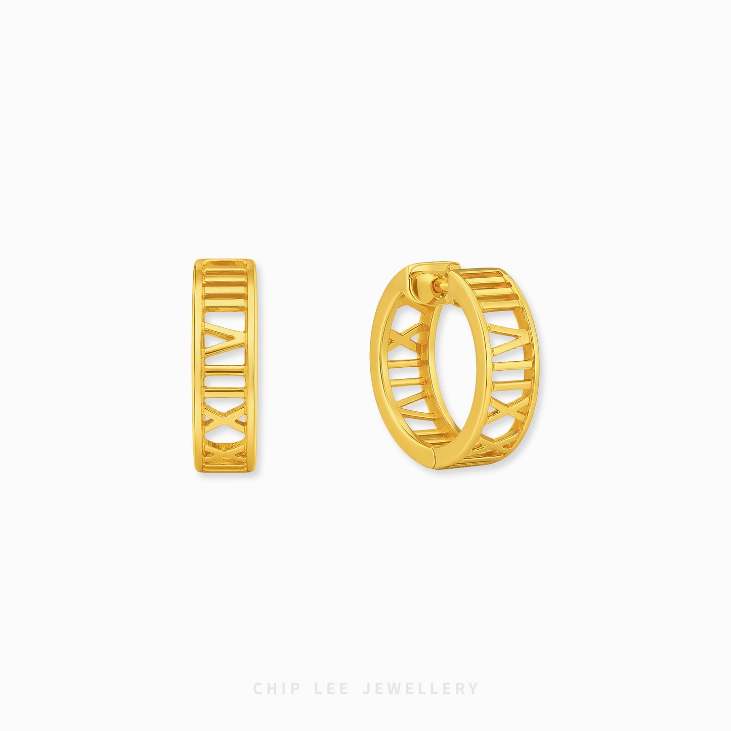 A pair of gold huggie hoop earrings with a geometric openwork design, shown from two angles on a light gray background with the brand name 'CHIP LEE JEWELLERY' at the bottom.