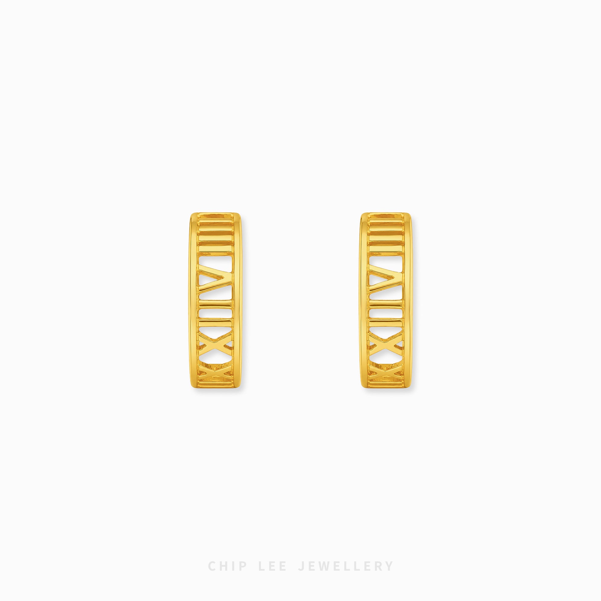 A pair of gold huggie hoop earrings with a geometric openwork design, shown from two angles on a light gray background with the brand name 'CHIP LEE JEWELLERY' at the bottom.