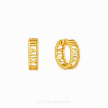 A pair of gold huggie hoop earrings with a geometric openwork design, shown from two angles on a light gray background with the brand name 'CHIP LEE JEWELLERY' at the bottom.