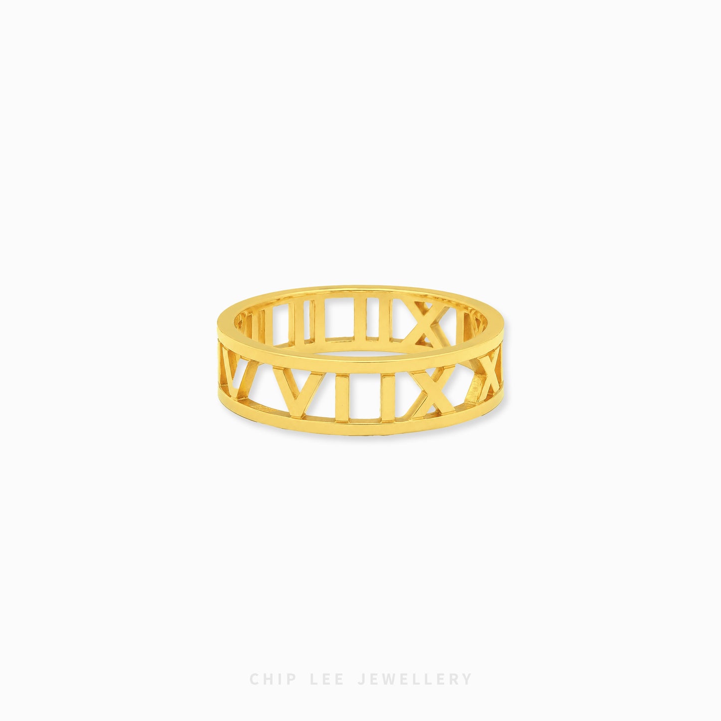 22K gold Roman numerals ring with elegant openwork band design and polished finish