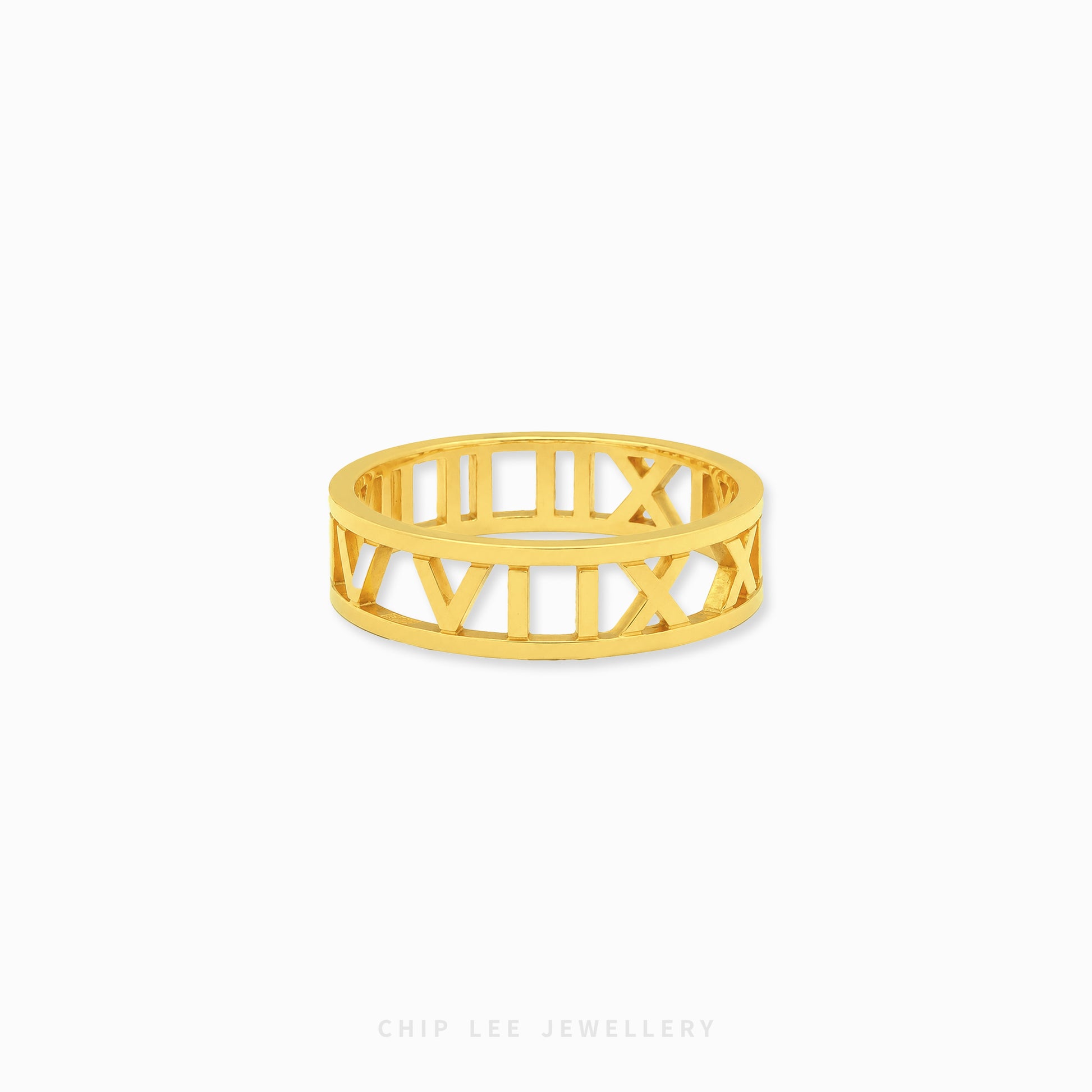 22K gold Roman numerals ring with elegant openwork band design and polished finish