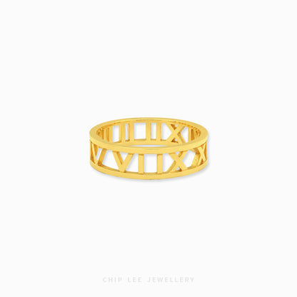 22K gold Roman numerals ring with elegant openwork band design and polished finish