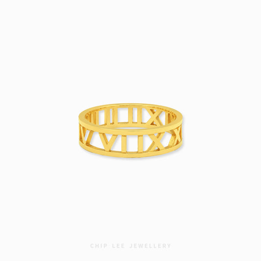 22K gold Roman numerals ring with elegant openwork band design and polished finish