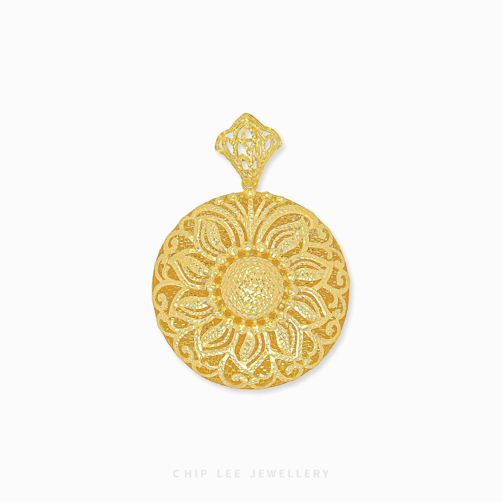 Rosette Blossom Pendant in 916 gold featuring a highly detailed blooming design with a radiant high-polish finish.