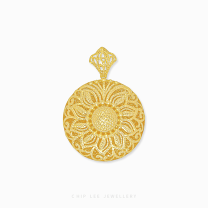 Rosette Blossom Pendant in 916 gold featuring a highly detailed blooming design with a radiant high-polish finish.