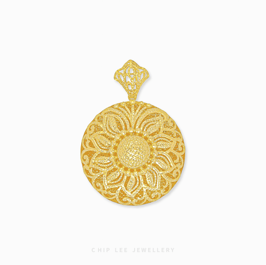 Rosette Blossom Pendant in 916 gold featuring a highly detailed blooming design with a radiant high-polish finish.