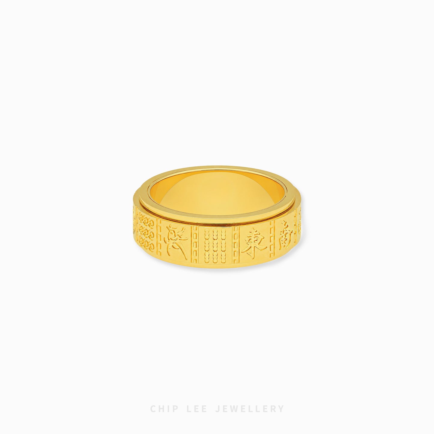 Gold 13 Wonders Mahjong Ring with engraved Mahjong symbols and polished statement band design.