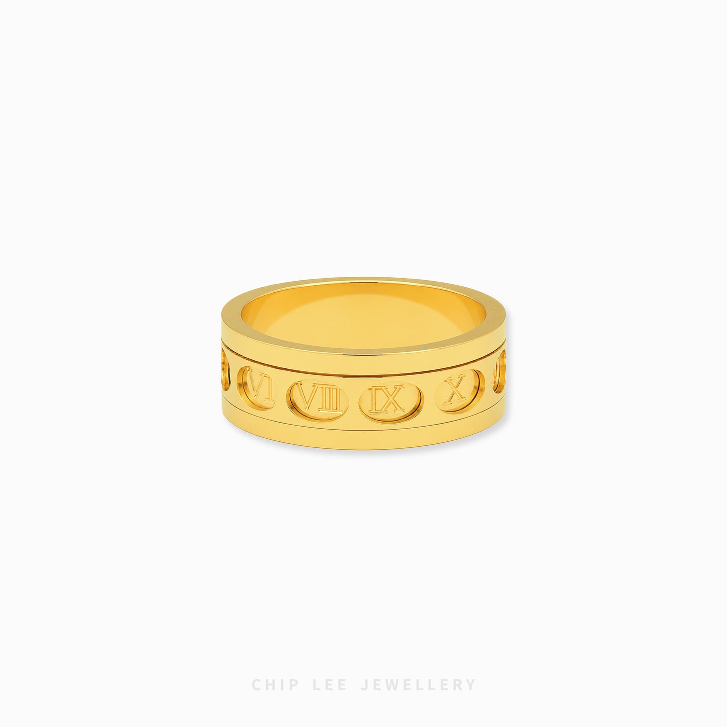 Gold rotating Roman numerals ring with engraved spinner band design