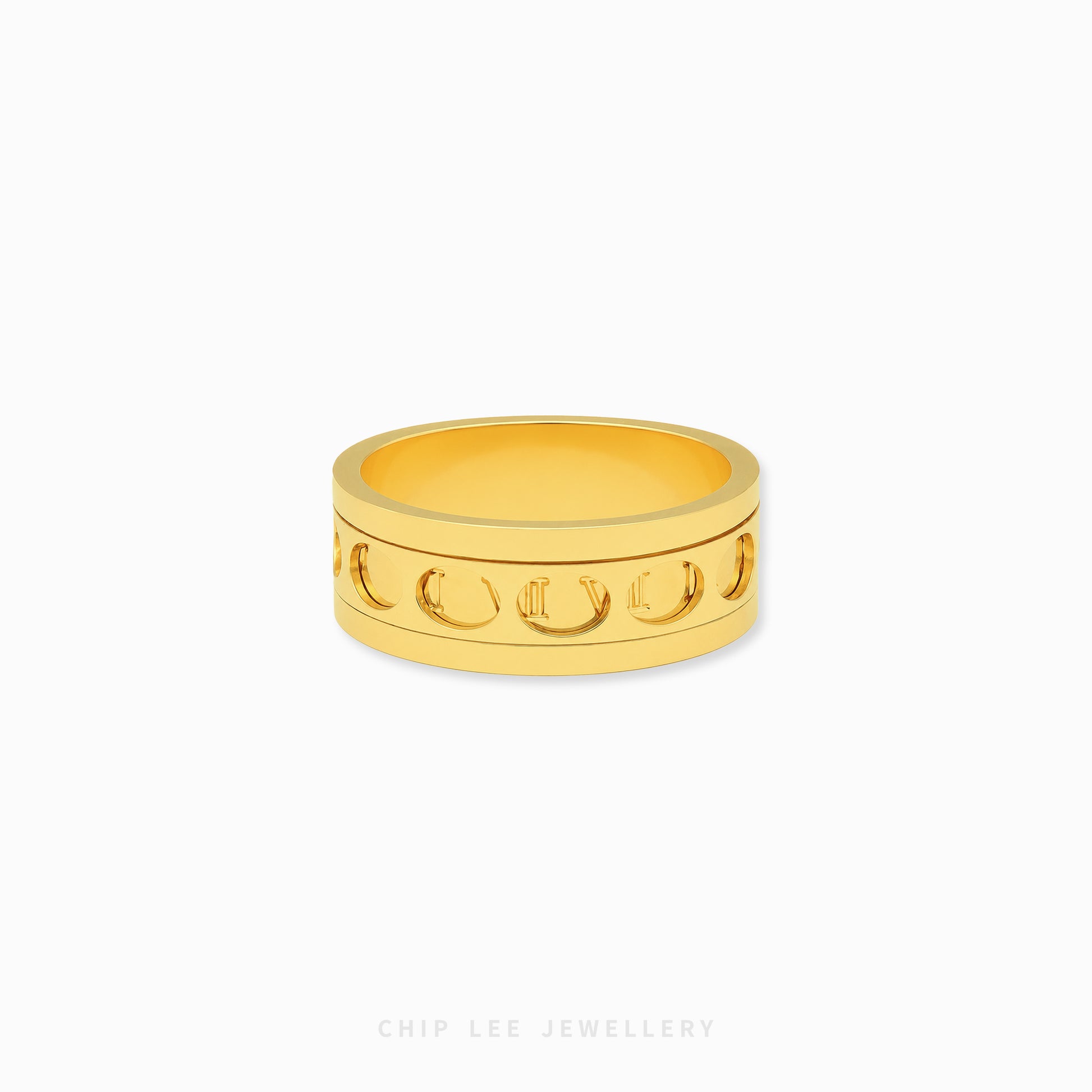 Gold rotating Roman numerals ring with engraved spinner band design
