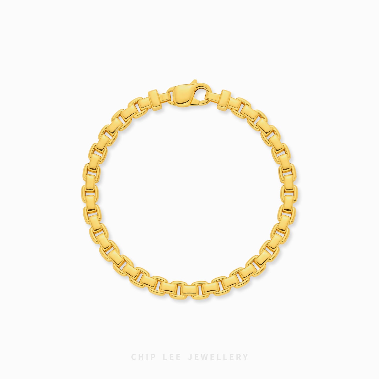 Luxury gold round box link bracelet featuring polished interlocking links with a sleek minimalist statement design.