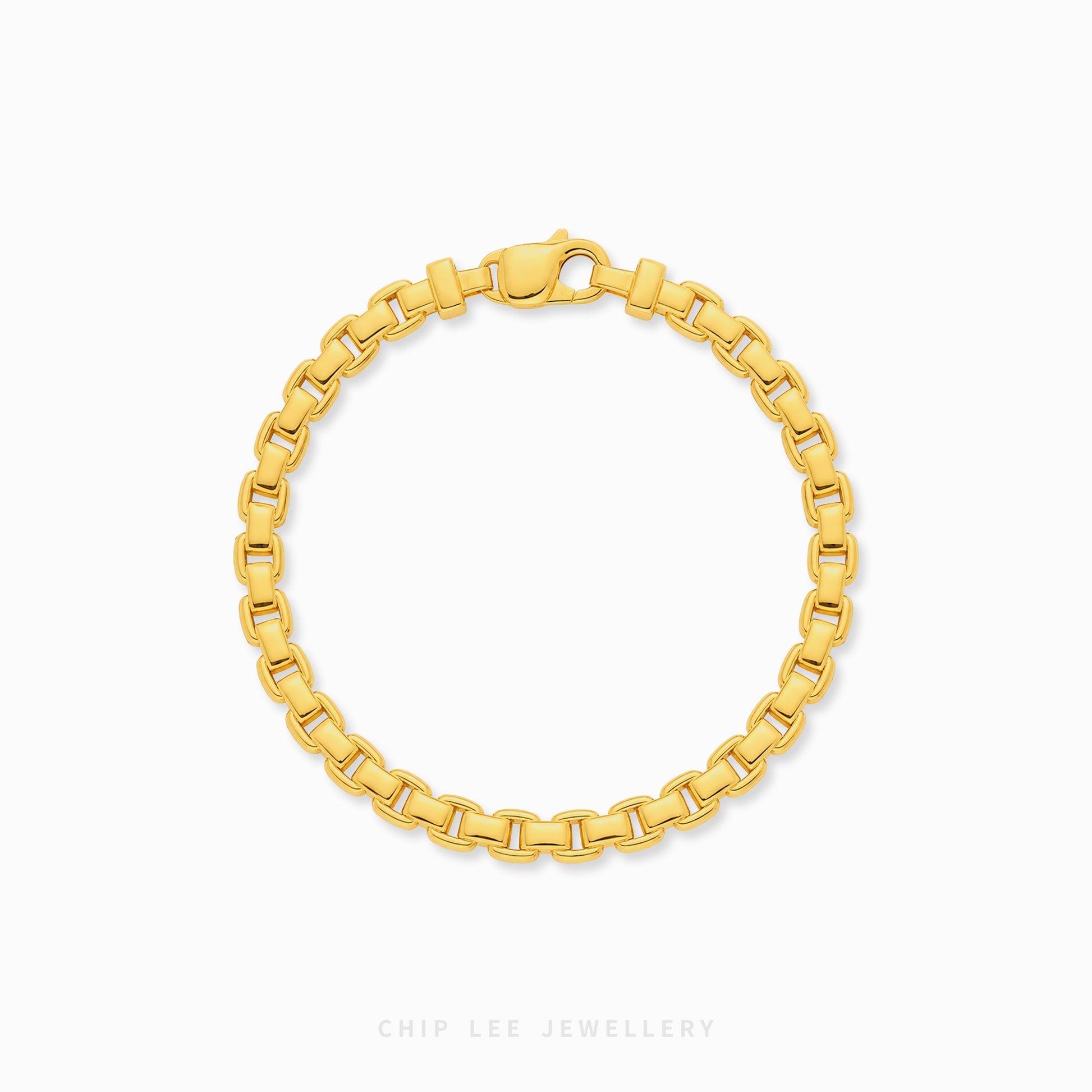 Luxury gold round box link bracelet featuring polished interlocking links with a sleek minimalist statement design.