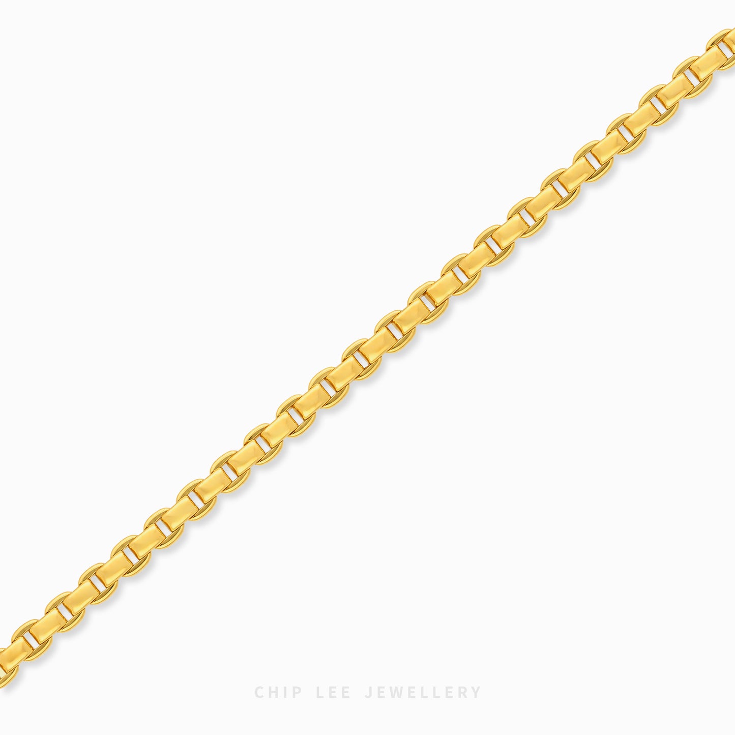 Luxury gold round box link bracelet featuring polished interlocking links with a sleek minimalist statement design.