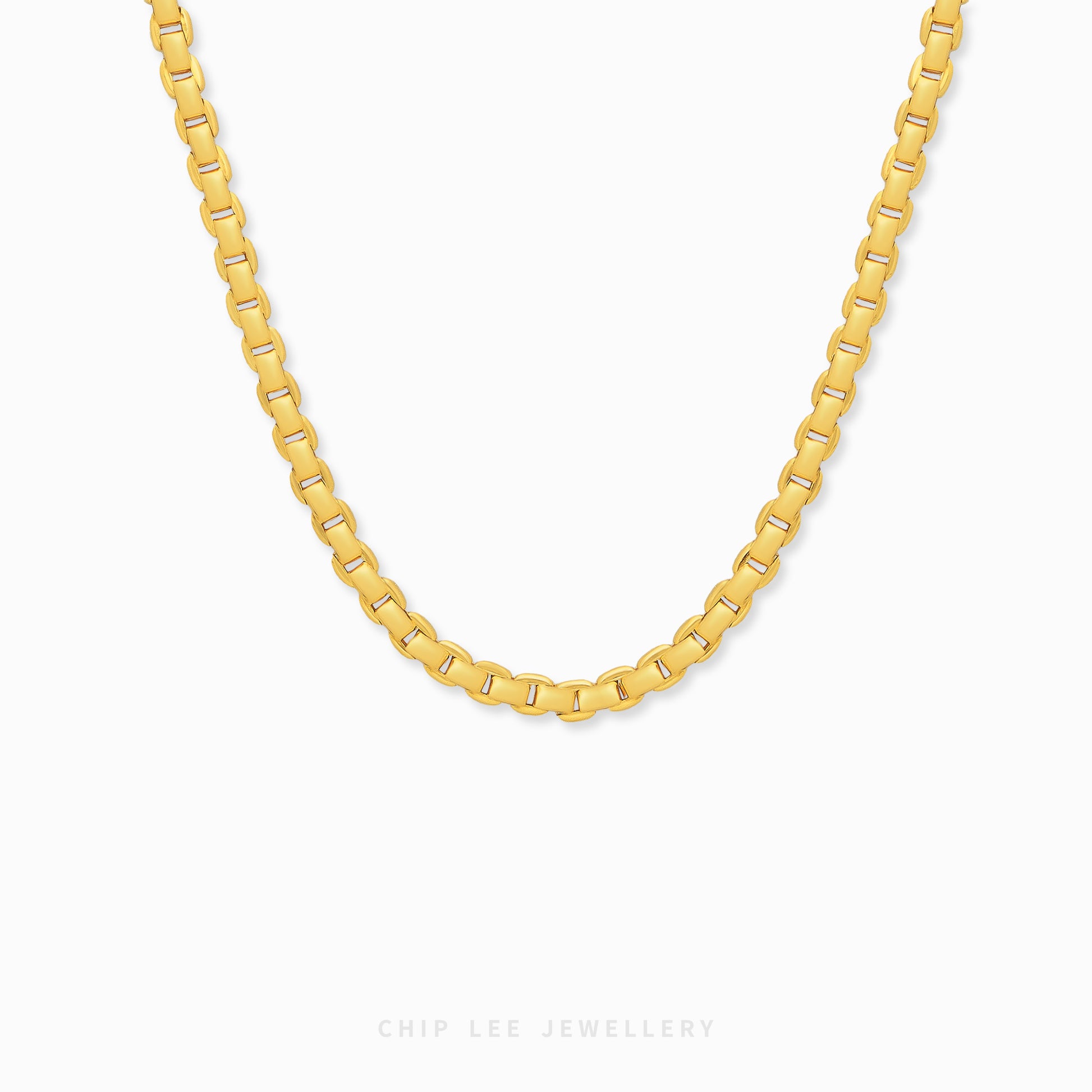 Minimalist gold round box link necklace with polished interlocking chain design.