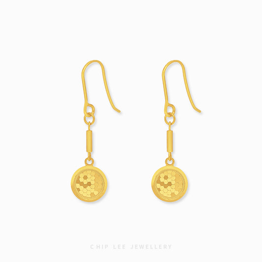 Round Honeycomb Dangling Earring with geometric design in 916 gold by Chip Lee Jewellery Singapore