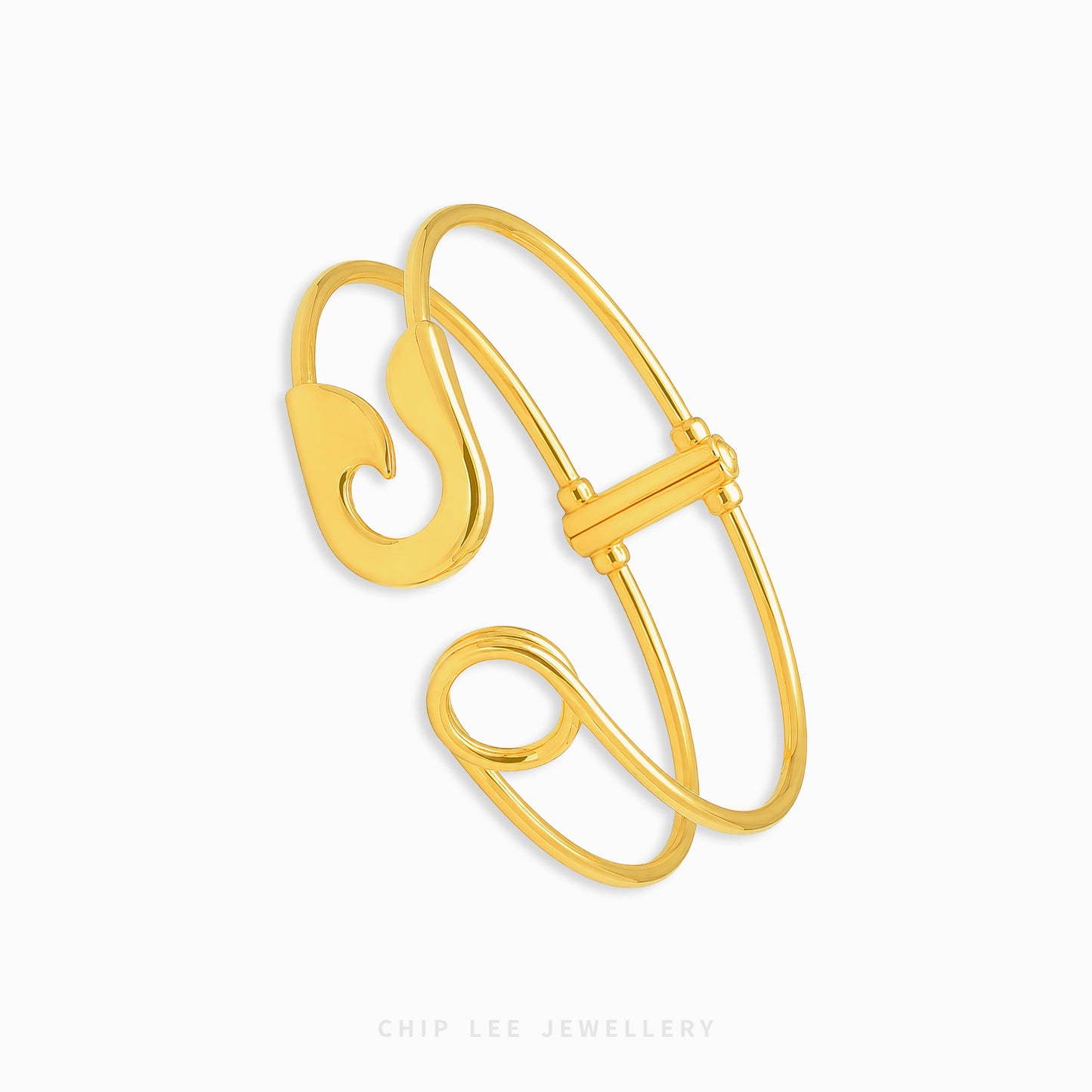A polished yellow gold open bangle bracelet with a decorative teardrop-shaped end and a sliding clasp, shown on a clean white background with the brand name 'CHIP LEE JEWELLERY' printed at the bottom.