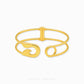 A polished gold open cuff bangle bracelet with a unique safety-pin-inspired design and a central clasp, shown on a clean white background with the brand name 'CHIP LEE JEWELLERY' at the bottom.