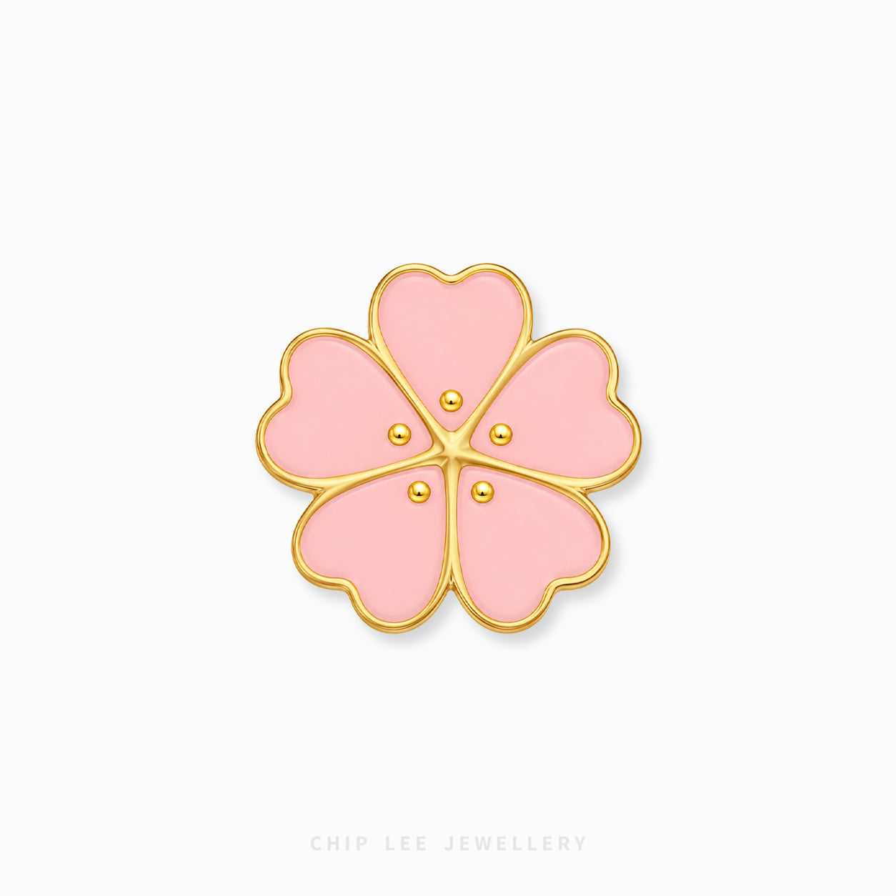 A pink cherry blossom flower-shaped charm with gold metal borders and three small gold dots in the center, shown on a plain white background with Chip Lee Jewellery branding at the bottom.