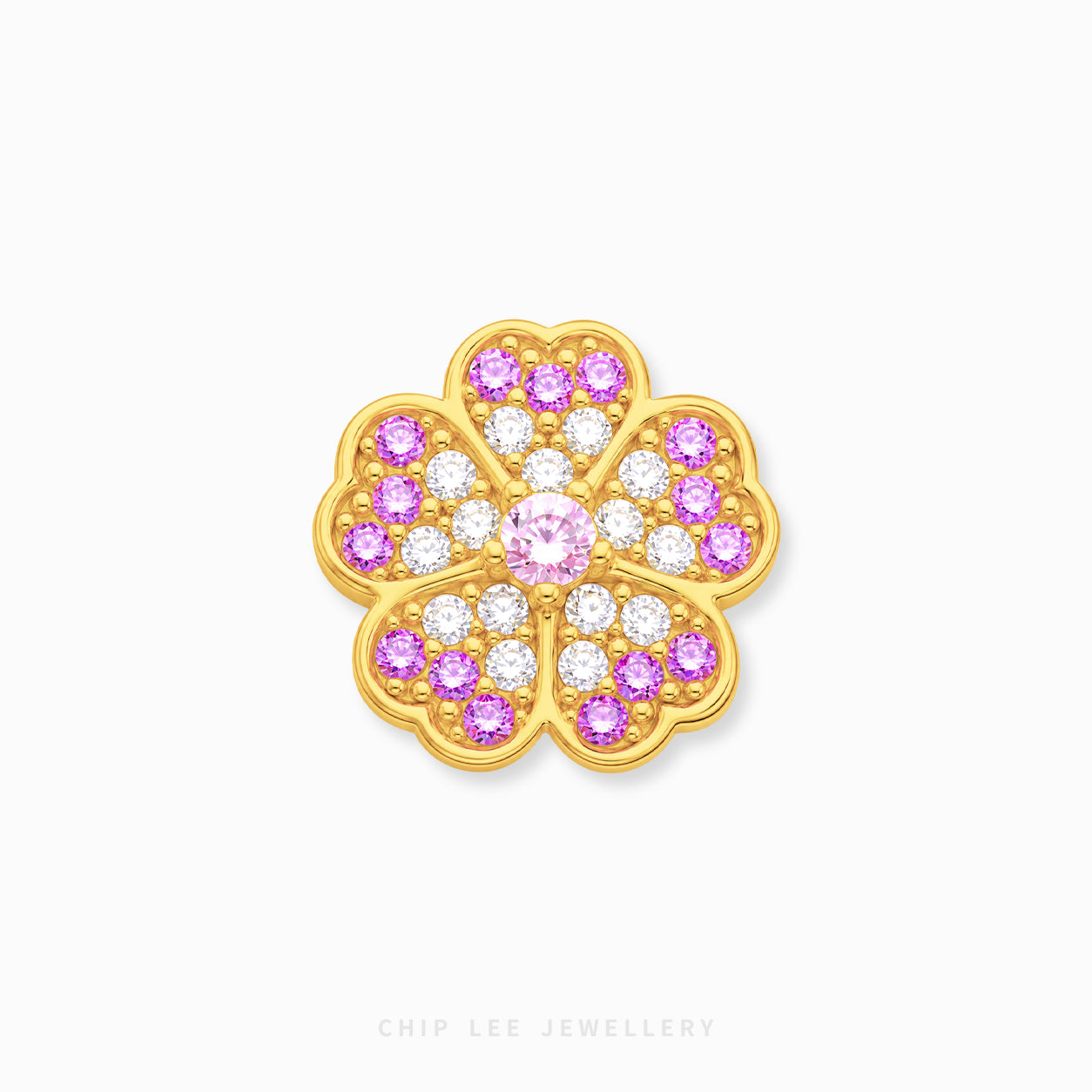 A gold flower-shaped charm embellished with pink and clear gemstones, centered on a light gray background with 'CHIP LEE JEWELLERY' text at the bottom.
