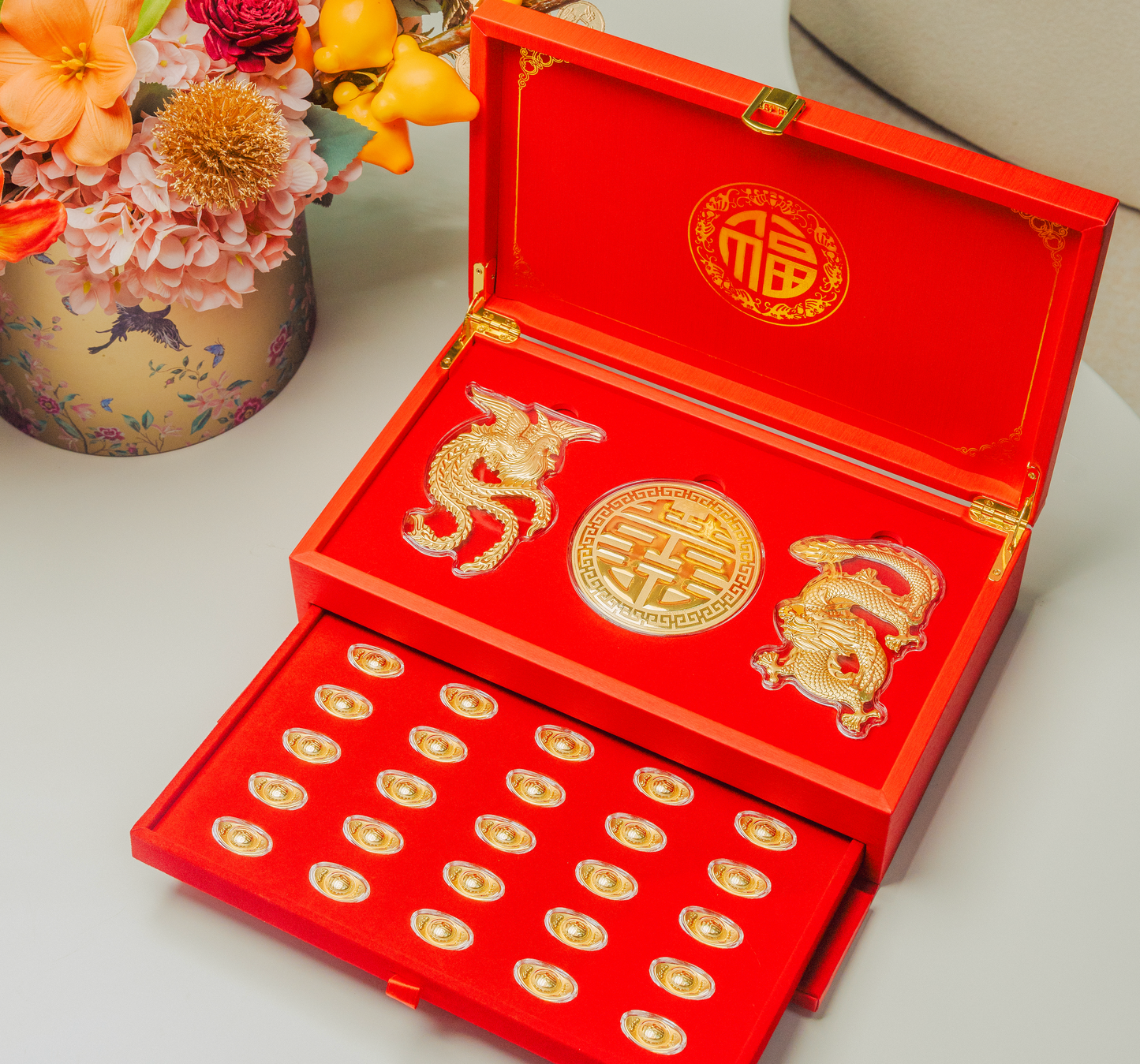 999 Traditional Dragon & Phoenix "long feng" Set Box - Chip Lee Jewellery
