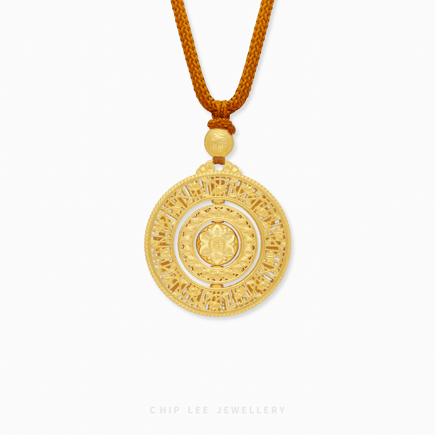 999 Pure Gold Eight Treasures and Blessings Gu Fa Jin Necklace featuring Buddhist Eight Treasures compass motif.