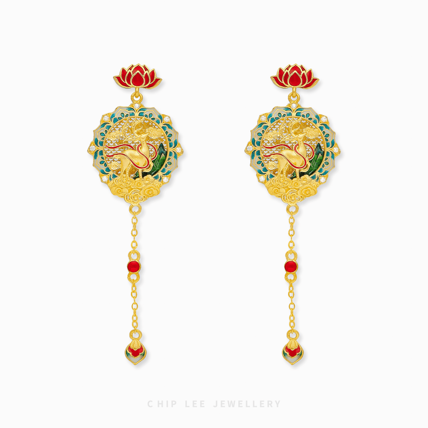 999 Pure Gold Longevity Mountain Deer Gu Fa Jin Earrings