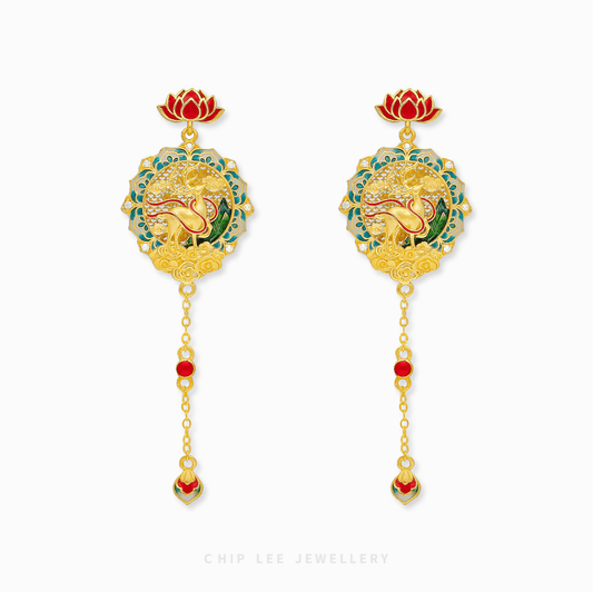 999 Pure Gold Longevity Mountain Deer Gu Fa Jin Earrings