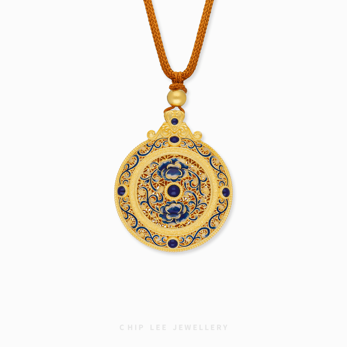 999 Pure Gold Blue Enamel Batik Gu Fa Jin Necklace