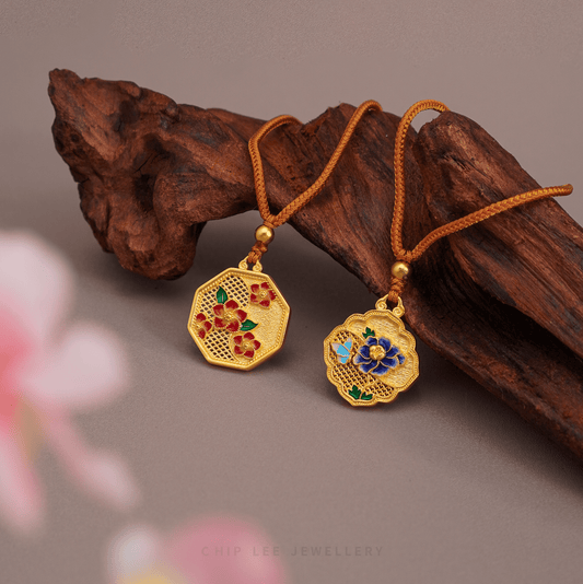 999 Pure Gold Blue Enamel Bloom Gu Fa Jin Necklace