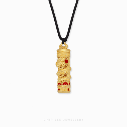 999 Pure Gold Majestic Dragon with Red Enamel Pendant