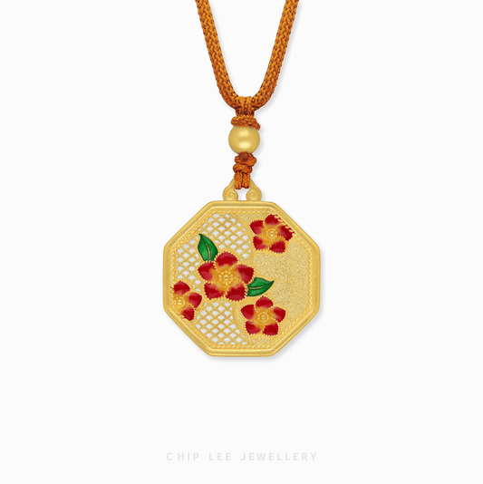 999 Pure Gold Red Enamel Bloom Gu Fa Jin Necklace