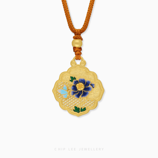 999 Pure Gold Blue Enamel Bloom Gu Fa Jin Necklace