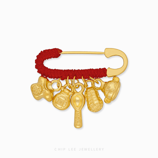 999 Gold Baby Pin with Fu, Wealth & Protection Charms