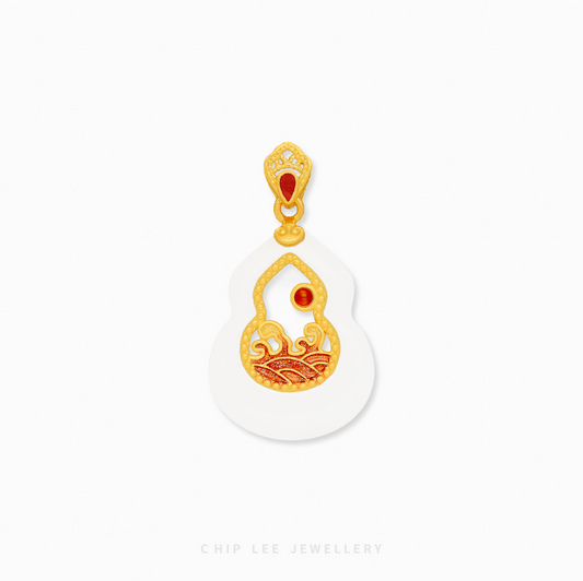 999 Pure Gold Vermilion Wave He Tian Jade Pendant