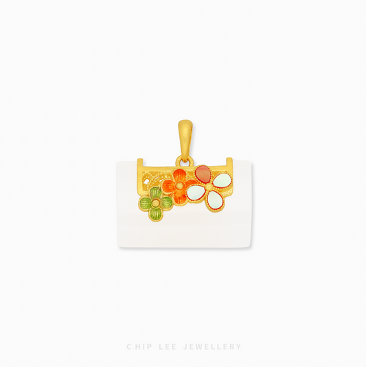 999 Pure Gold Floral Lock He Tian Jade Pendant