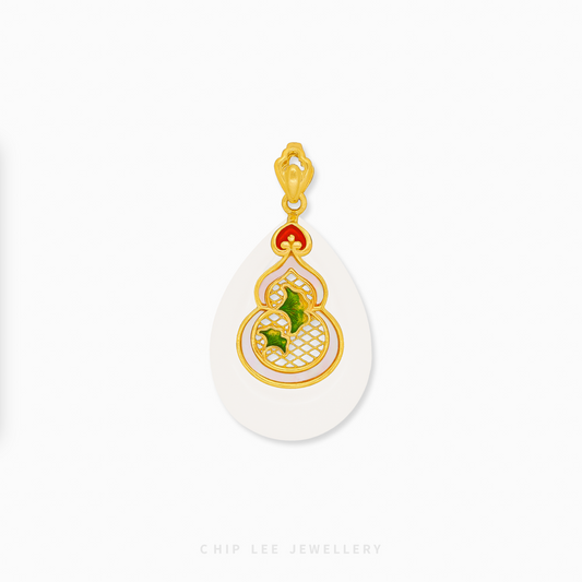999 Pure Gold Hu Lu (葫芦) Gourd Teardrop He Tian Jade Pendant