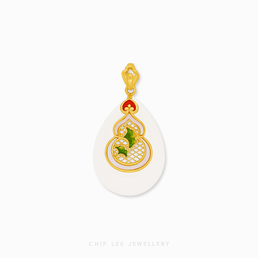 999 Pure Gold Hu Lu (葫芦) Gourd Teardrop He Tian Jade Pendant