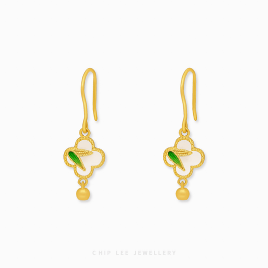 999 Pure Gold Clover He Tian Jade Earring