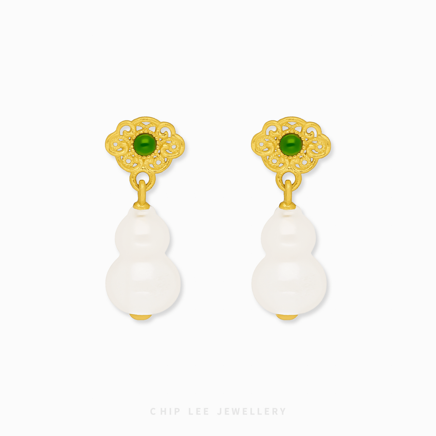 999 Pure Gold  Hu Lu ( 葫芦) Gourd He Tian Jade Dangling Earring