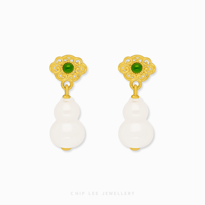 999 Pure Gold  Hu Lu ( 葫芦) Gourd He Tian Jade Dangling Earring