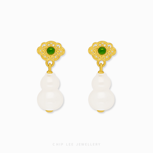 999 Pure Gold  Hu Lu ( 葫芦) Gourd He Tian Jade Dangling Earring