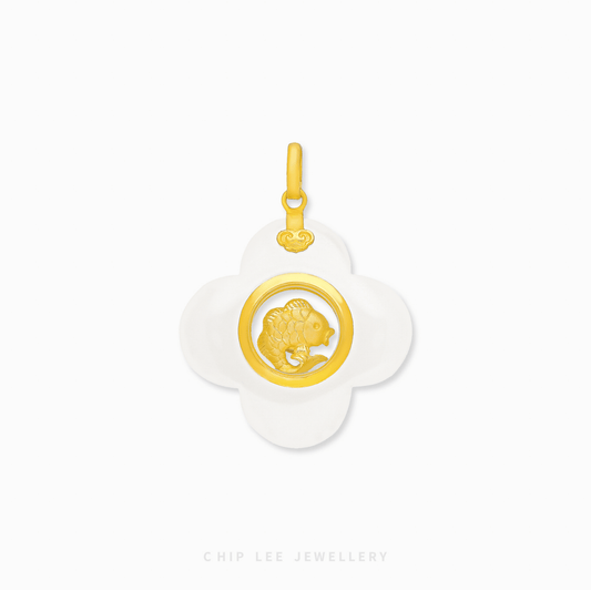 999 Pure Gold Clover Spinning Fortune Fish He Tian Jade Pendant