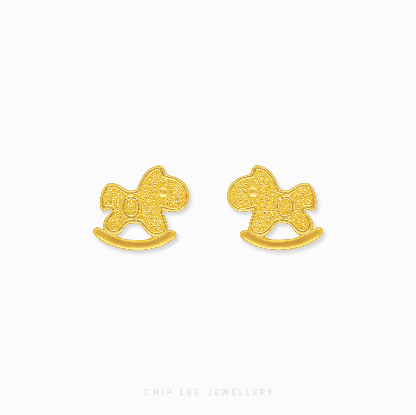 916 Gold Rocking Horse Stud Earrings featuring a polished finish and a detailed silhouette for a whimsical luxury look.