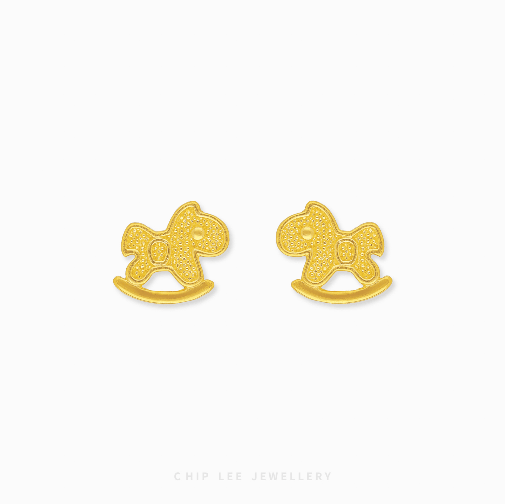 916 Gold Rocking Horse Stud Earrings featuring a polished finish and a detailed silhouette for a whimsical luxury look.