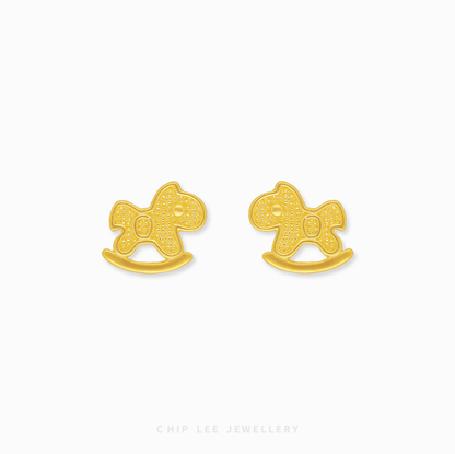 916 Gold Rocking Horse Stud Earrings featuring a polished finish and a detailed silhouette for a whimsical luxury look.