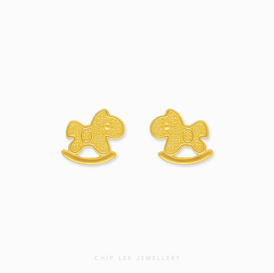 916 Gold Rocking Horse Stud Earrings featuring a polished finish and a detailed silhouette for a whimsical luxury look.