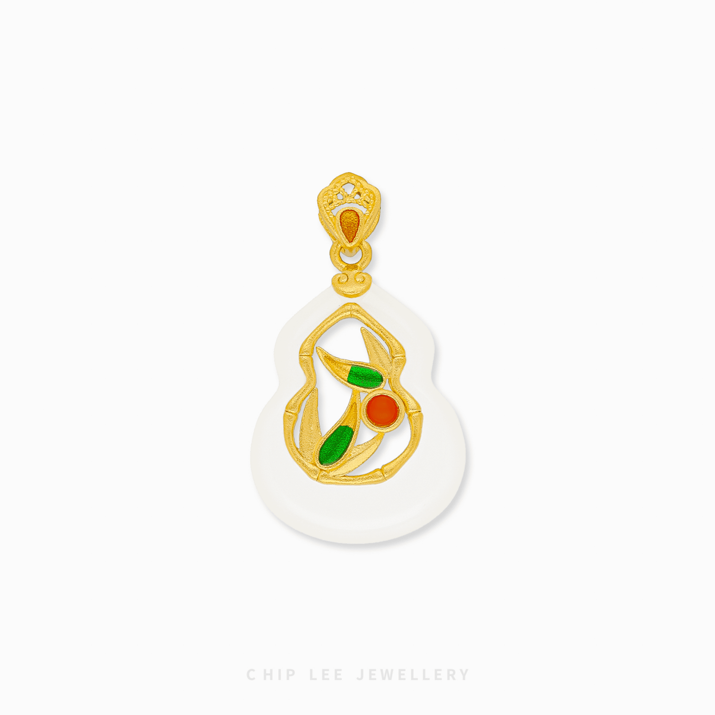 999 Pure Gold Bamboo Pendant featuring a smooth green He Tian Jade inlay, handcrafted with a matte heritage gold finish.