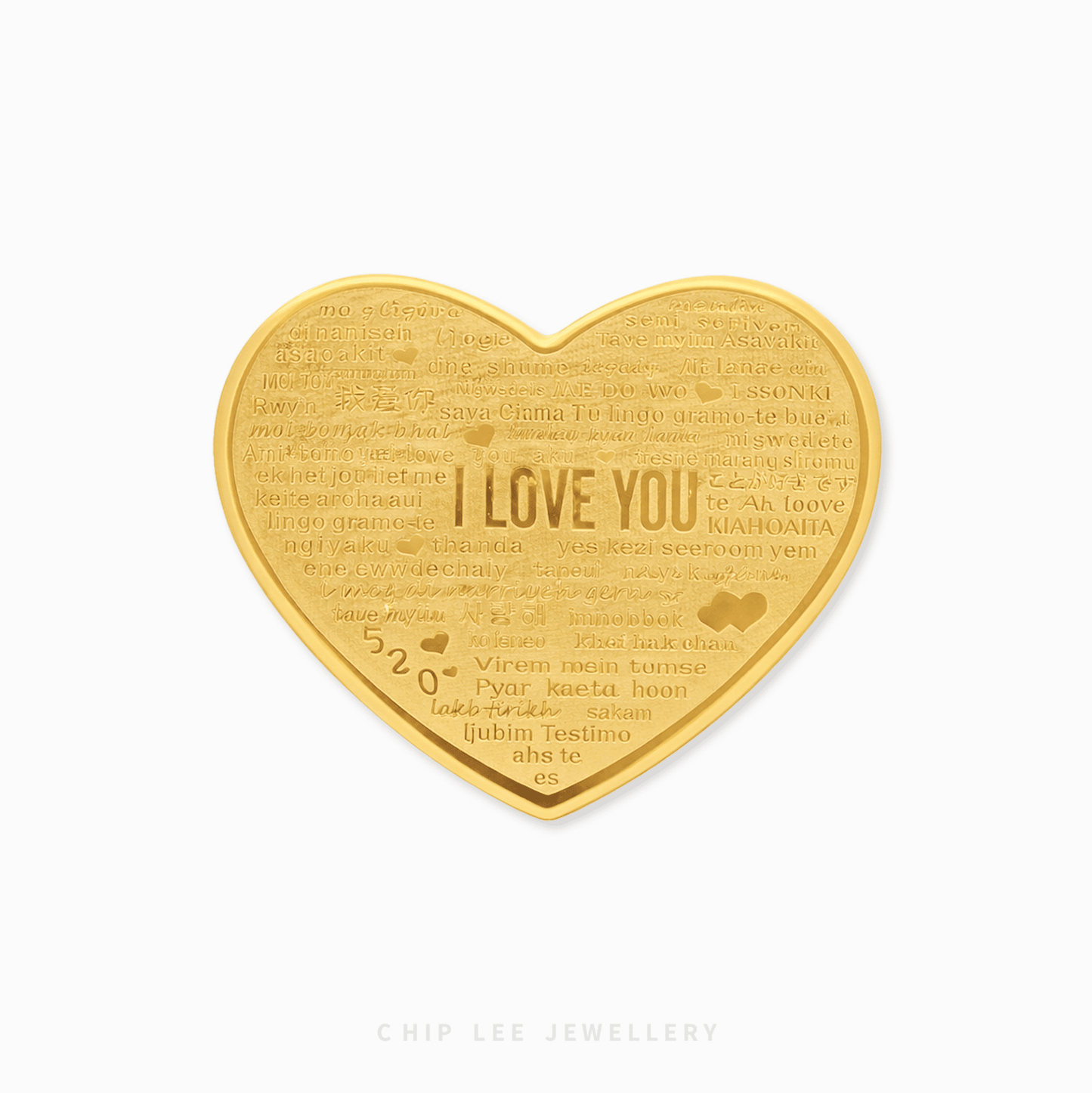 999 Pure Gold 520 Heart collectable in a luxury gift box with a clear acrylic casing, featuring a detailed "520" romantic motif.